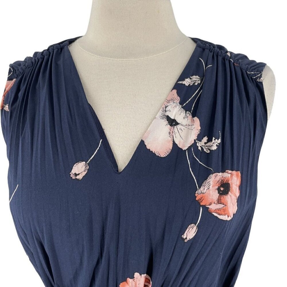 Vince Navy Tossed Poppy Printed Pleated Sleeveless V-Neck Crepe Midi Dress XS - Picture 5 of 10